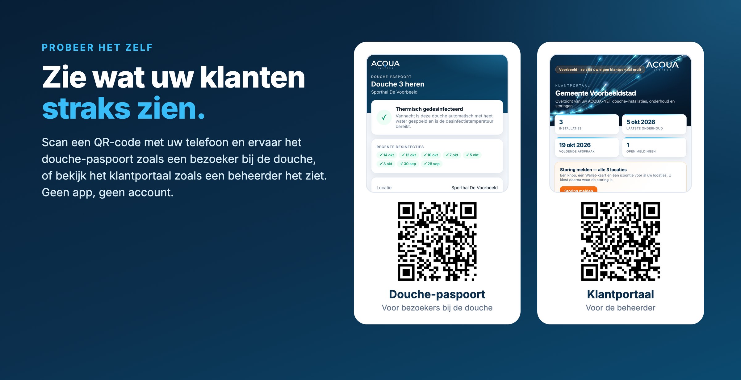 Probeer het zelf: scan een QR-code met uw telefoon en bekijk het douche-paspoort voor bezoekers bij de douche, of het klantportaal voor de beheerder. Geen app, geen account.